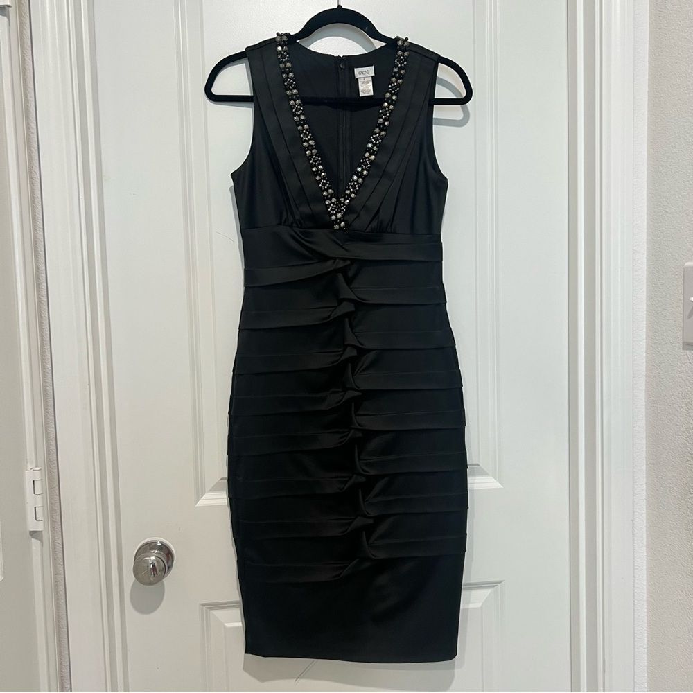 Vintage Cache Black Ruched Cocktail Midi Sheath Dress Jeweled V-Neckline Size 8